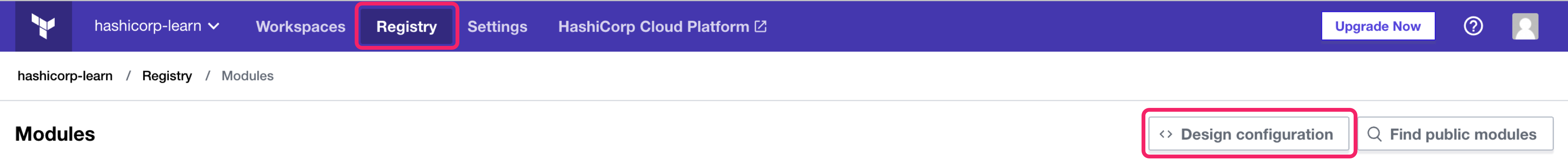 Terraform Cloud screenshot: the design configuration button