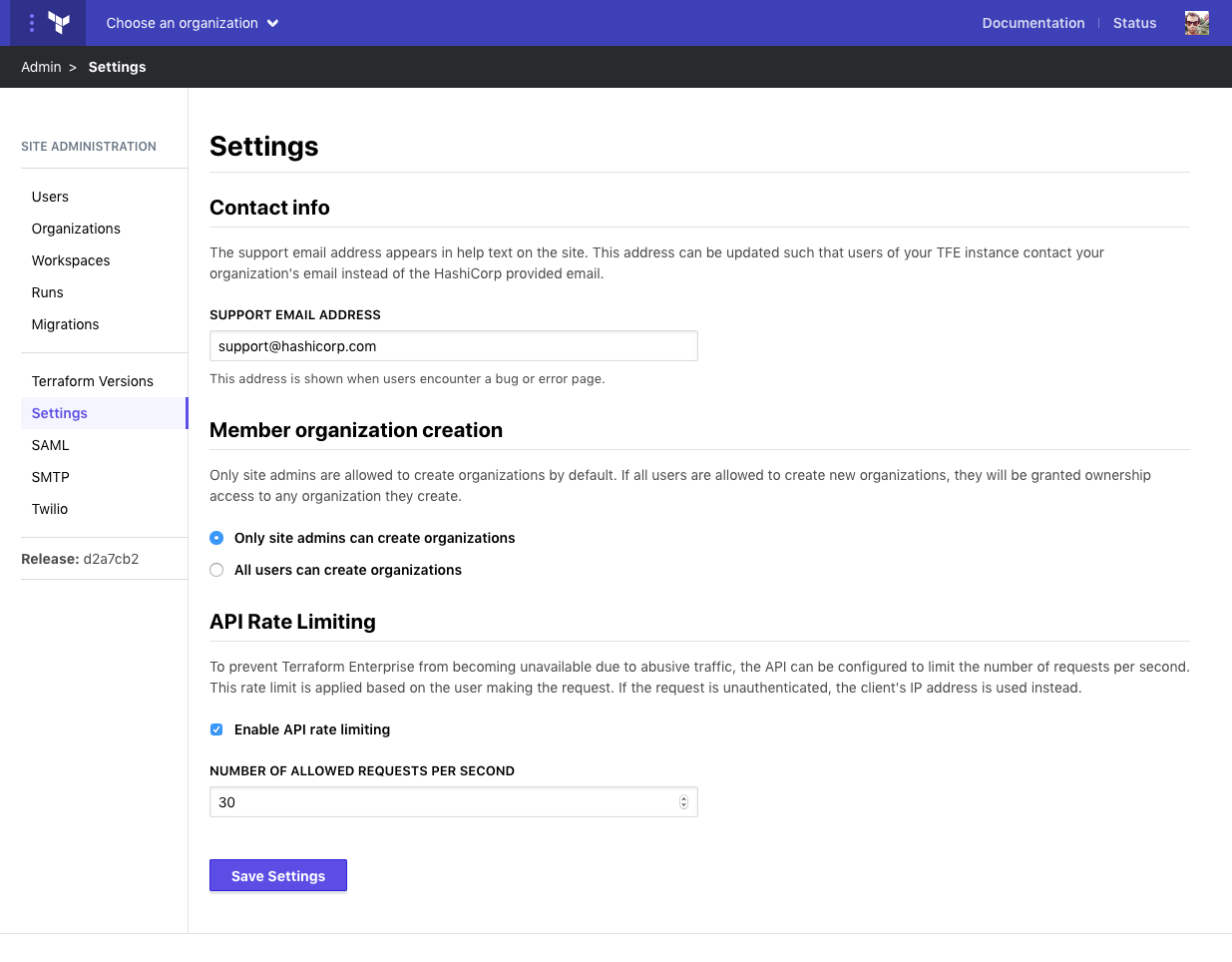 screenshot: the Settings admin page