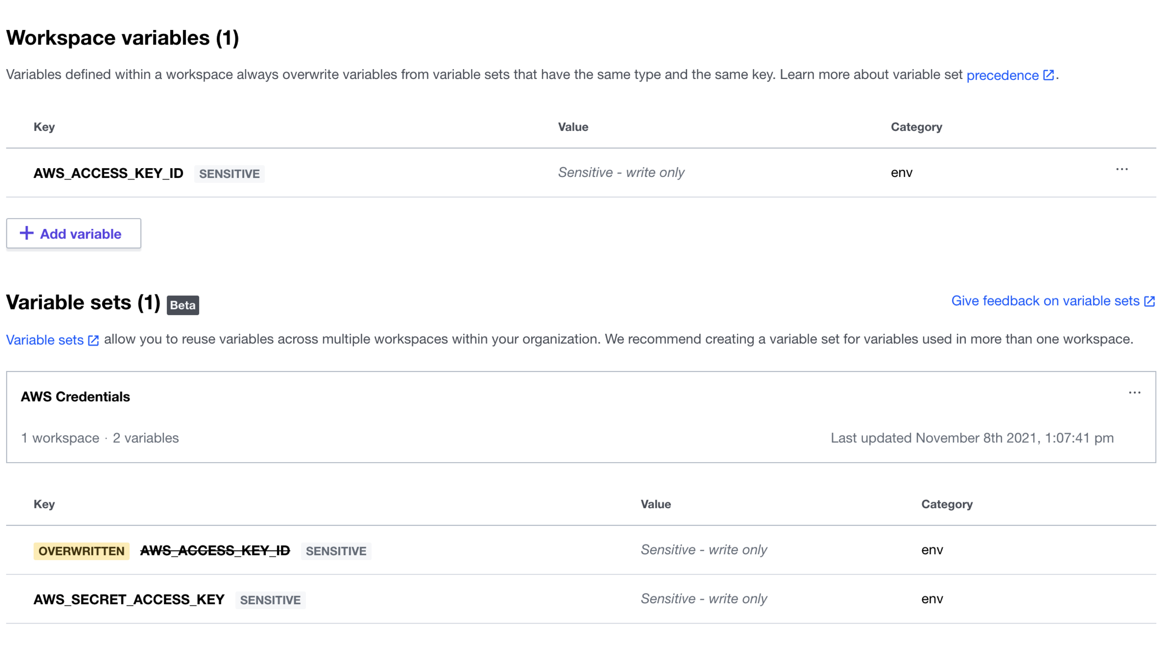 The Terraform Cloud UI indicates which variables are overwritten