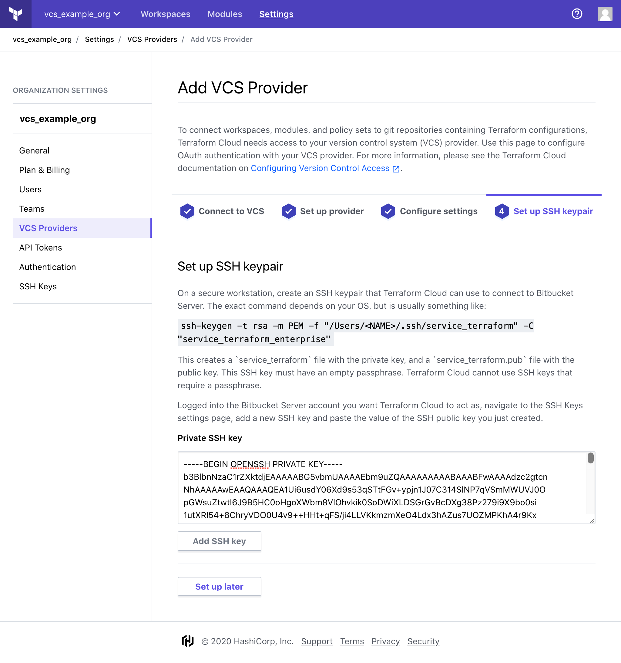 Terraform Cloud screenshot: Pasting an SSH private key