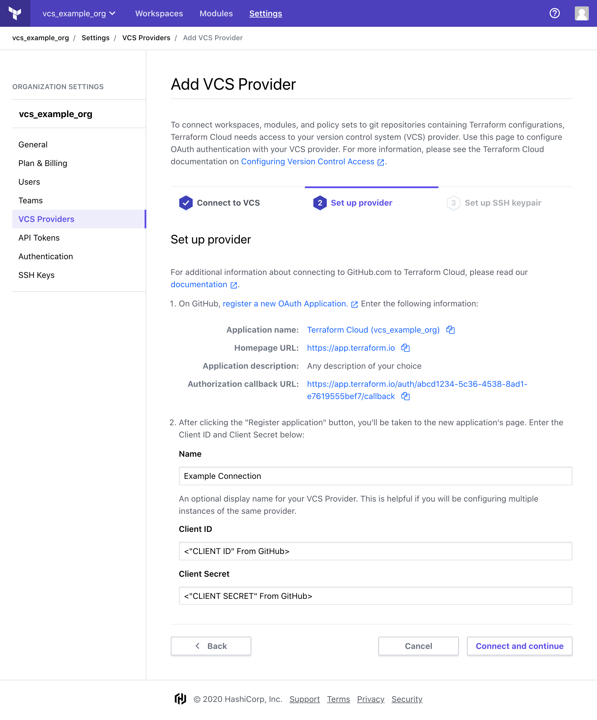 Terraform Cloud screenshot: add client fields