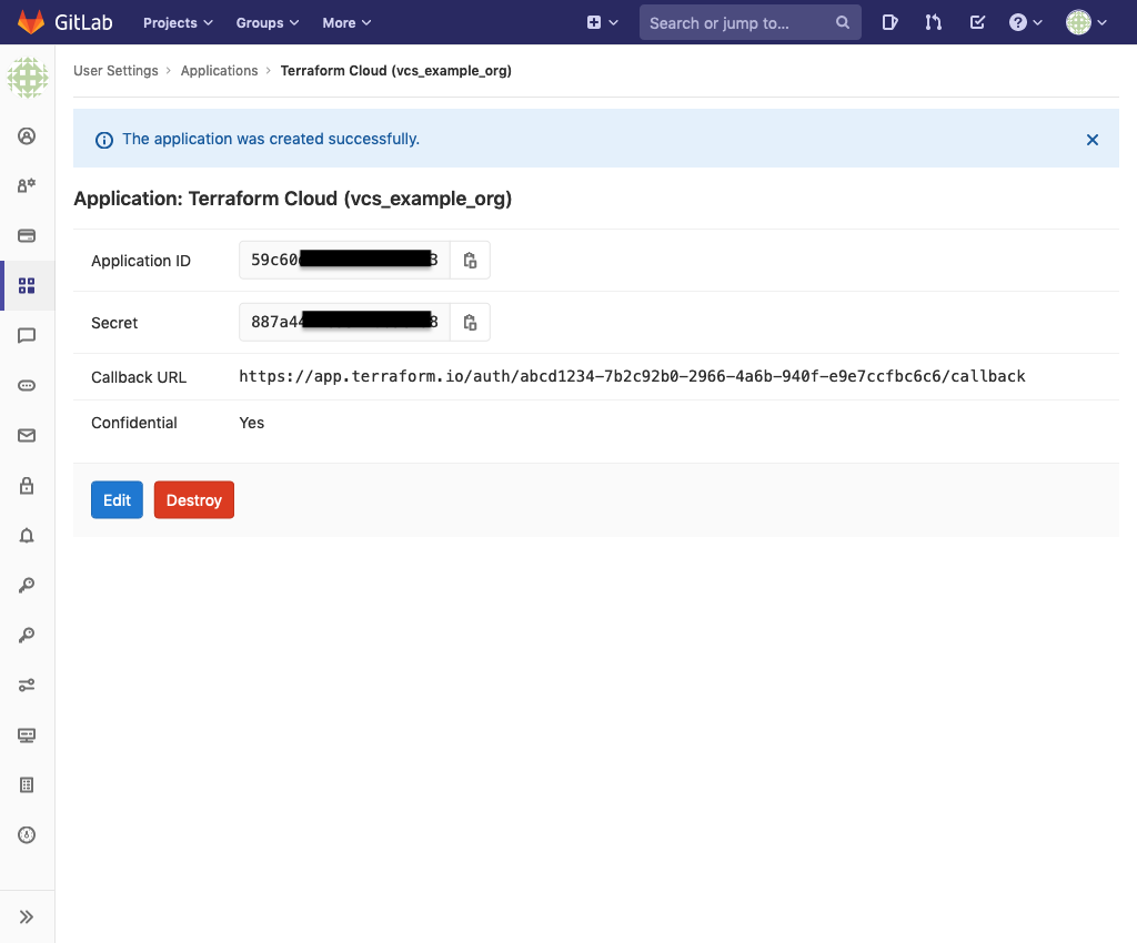 GitLab screenshot: the new application's application ID and secret