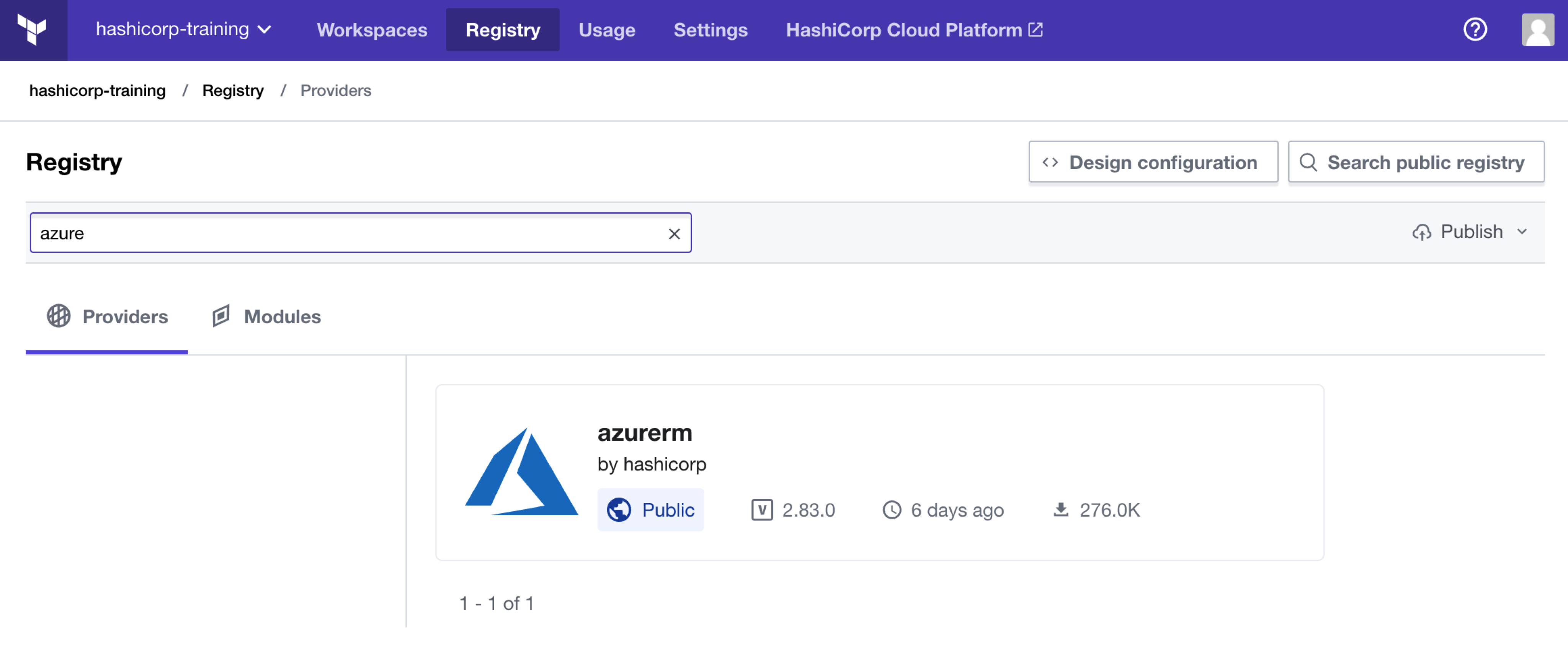 Terraform Cloud screenshot: a filtered list of available providers