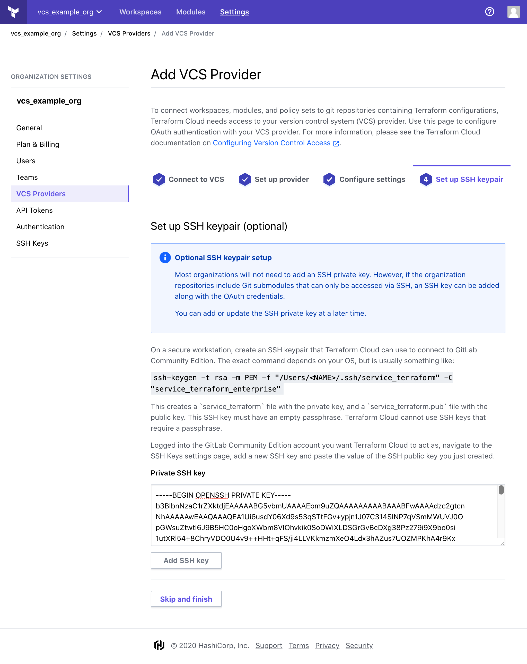 Terraform Cloud screenshot: the ssh key screen