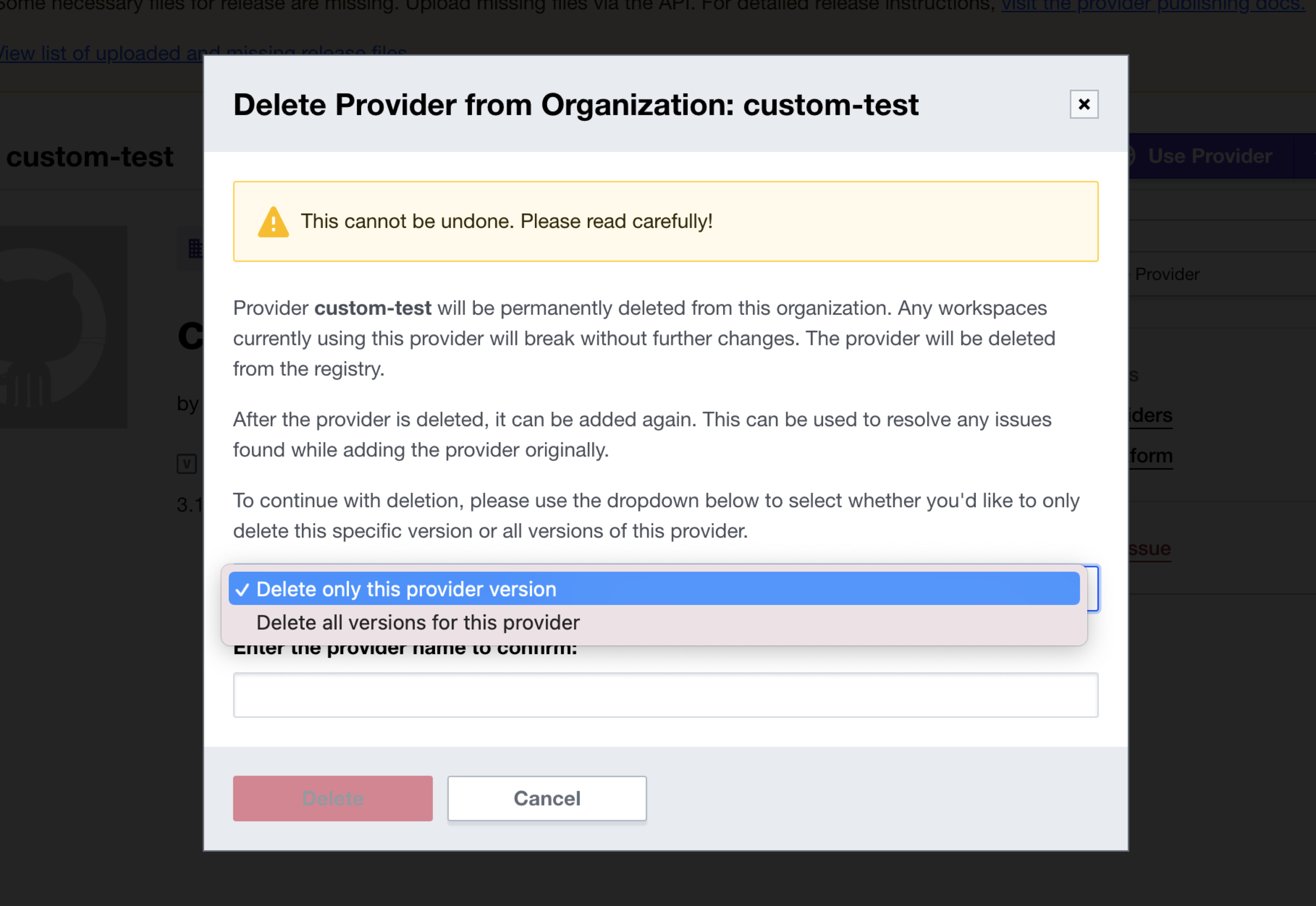 Terraform Cloud screenshot: the deletion dialog