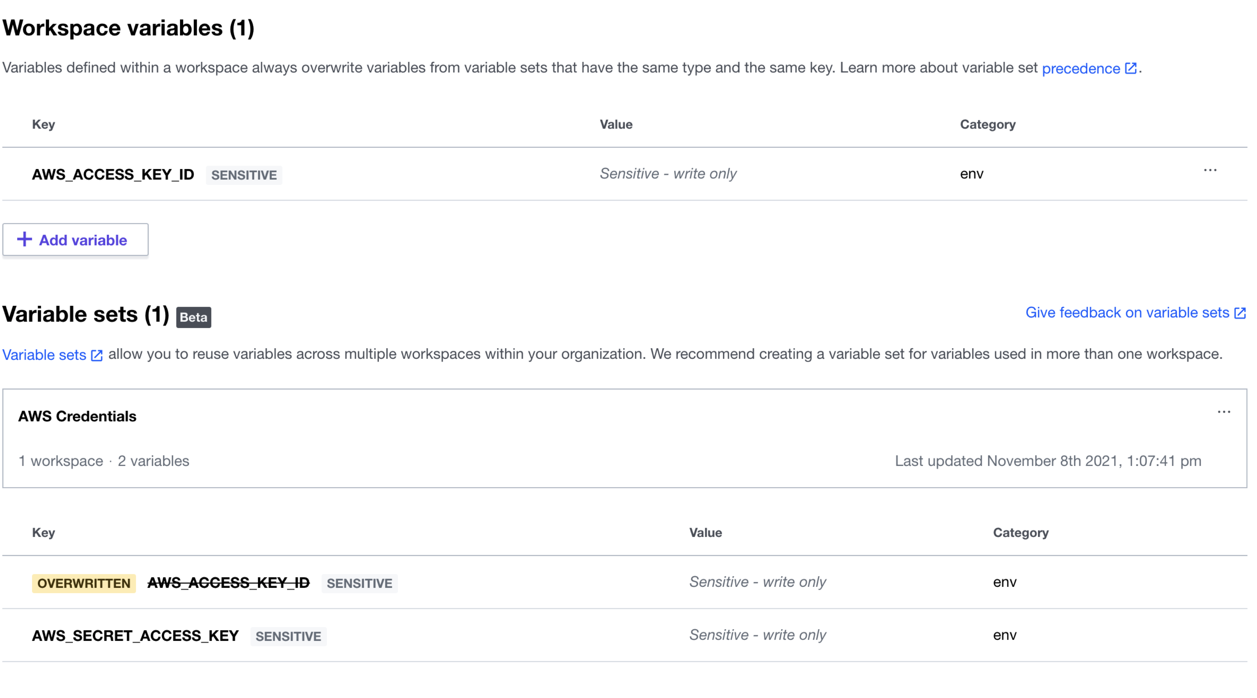 The Terraform Cloud UI indicates which variables are overwritten