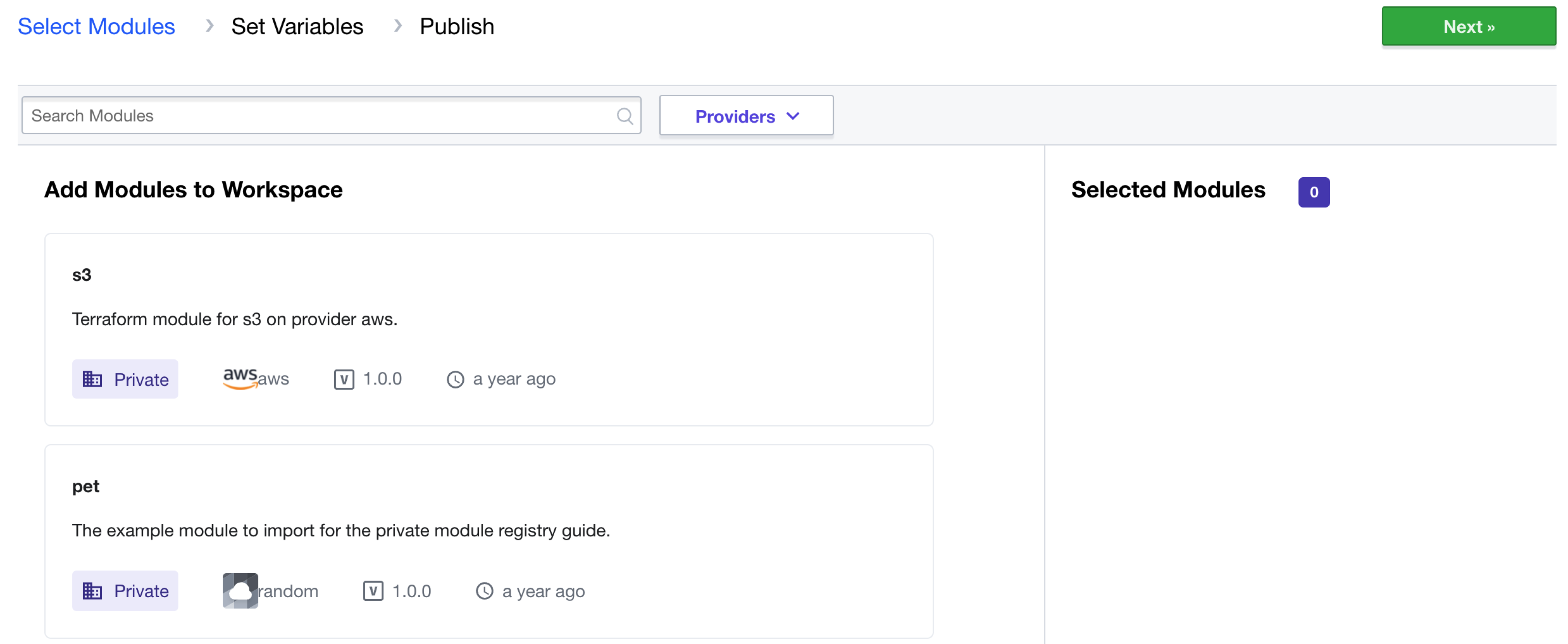 Terraform Cloud screenshot: the select modules page
