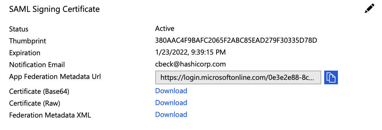 Screenshot: Download the SAML signing certificate