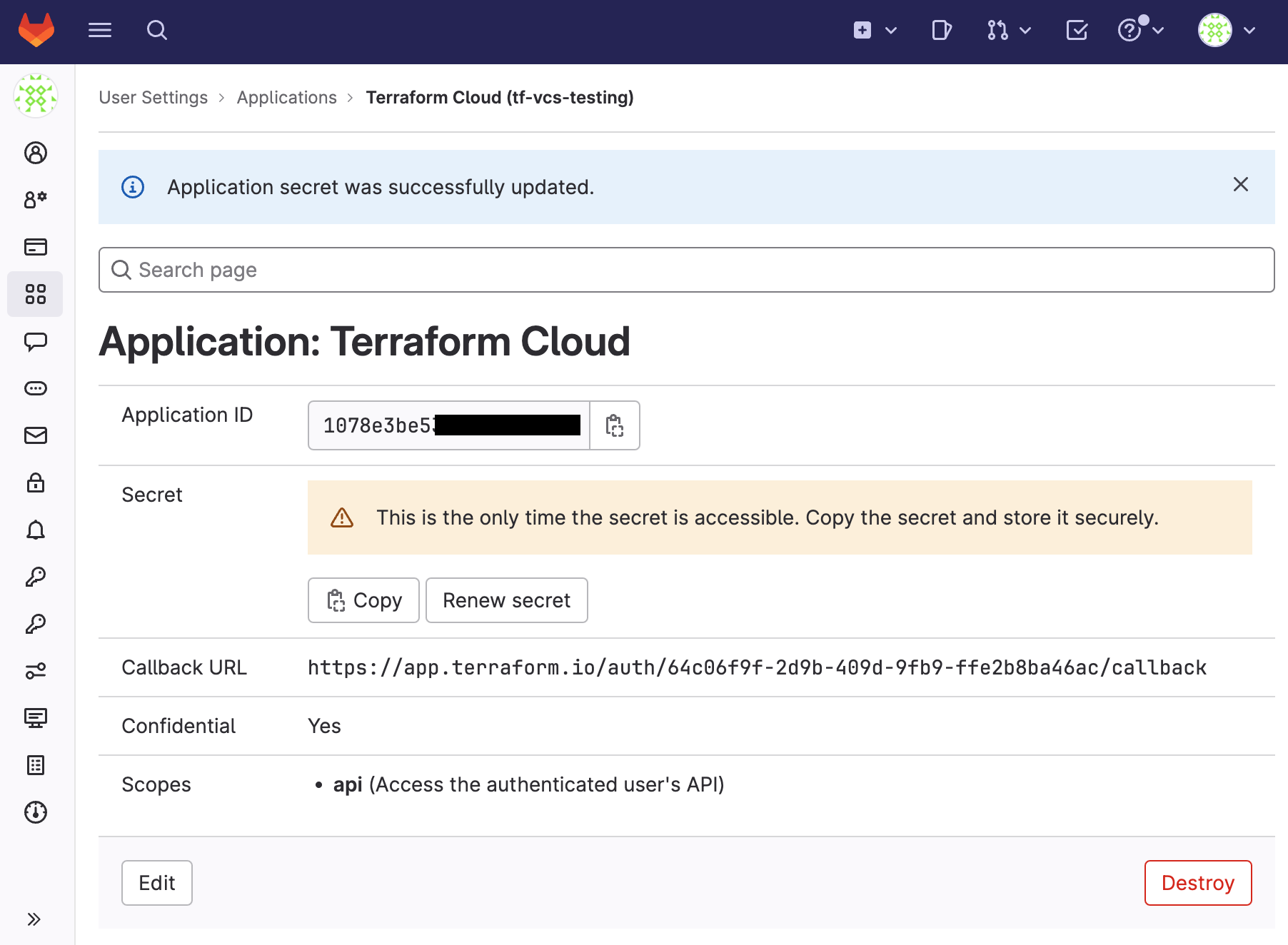 GitLab screenshot: the new application's application ID and secret