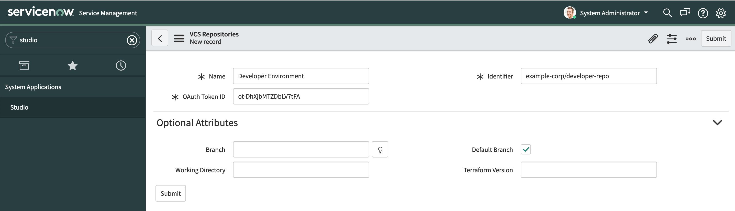 Screenshot: ServiceNow New VCS Repository