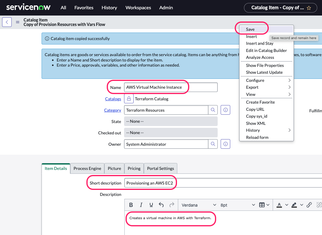 Screenshot: ServiceNow Copy Item