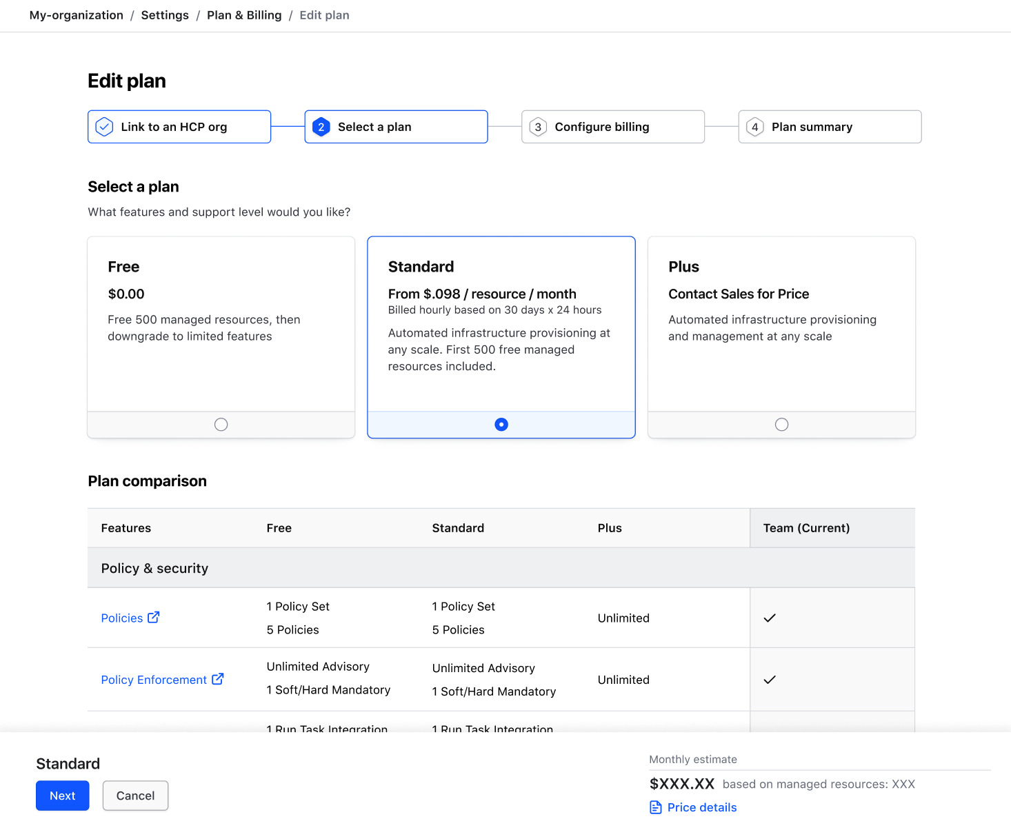 Screenshot: The "Select Plan" screen showing the three HCP Terraform plans: Free, Standard, and Plus. The Standard option is highlighted and includes an estimated cost.