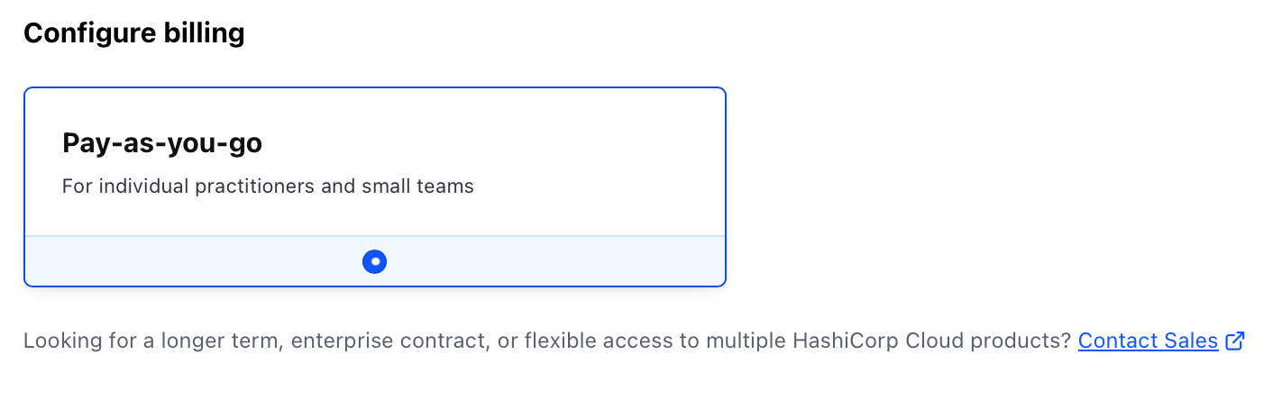 Screenshot: A list of options for the user to configure their billing model. For this example, only pay-as-you-go is presented, with the option for the user to contact sales for a long-term enterprise contract