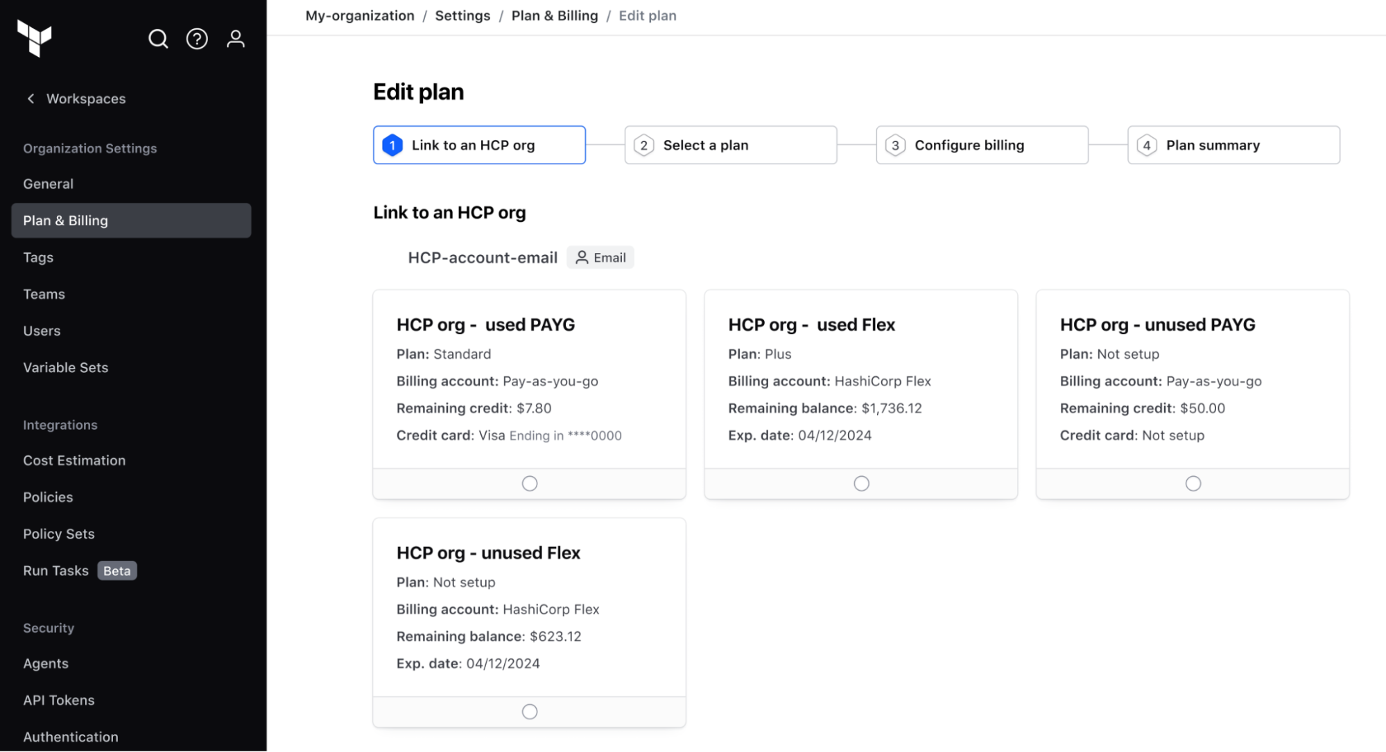 A view prompting the user to choose the billing account to link against